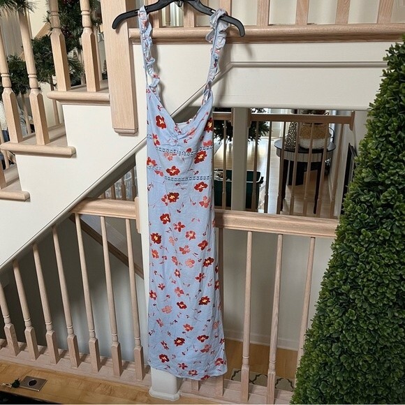 Zara Linen Blend Ruffled Straps Floral Midi Dress L NWT - Picture 3 of 16